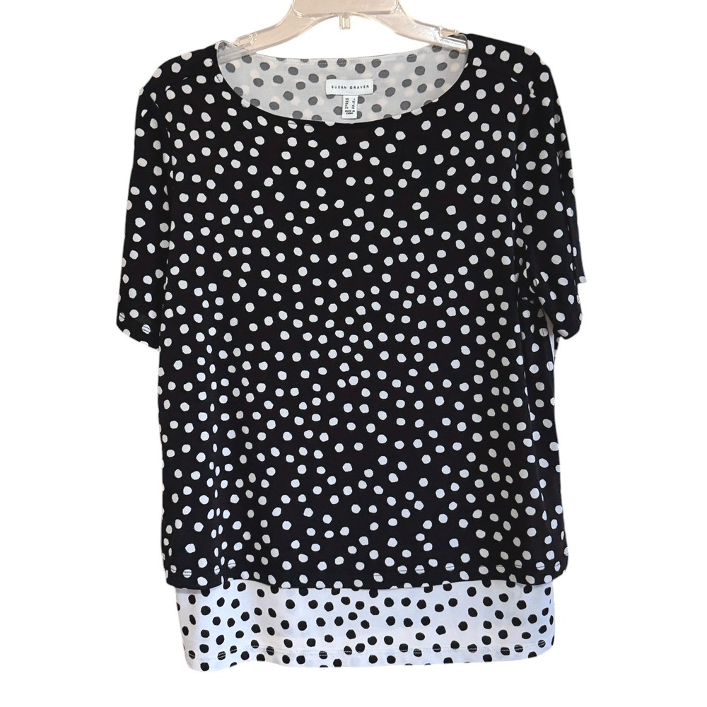 Susan Graver Liquid Knit Polka Dot Layered Top Black White L Silver Tone Hardwar